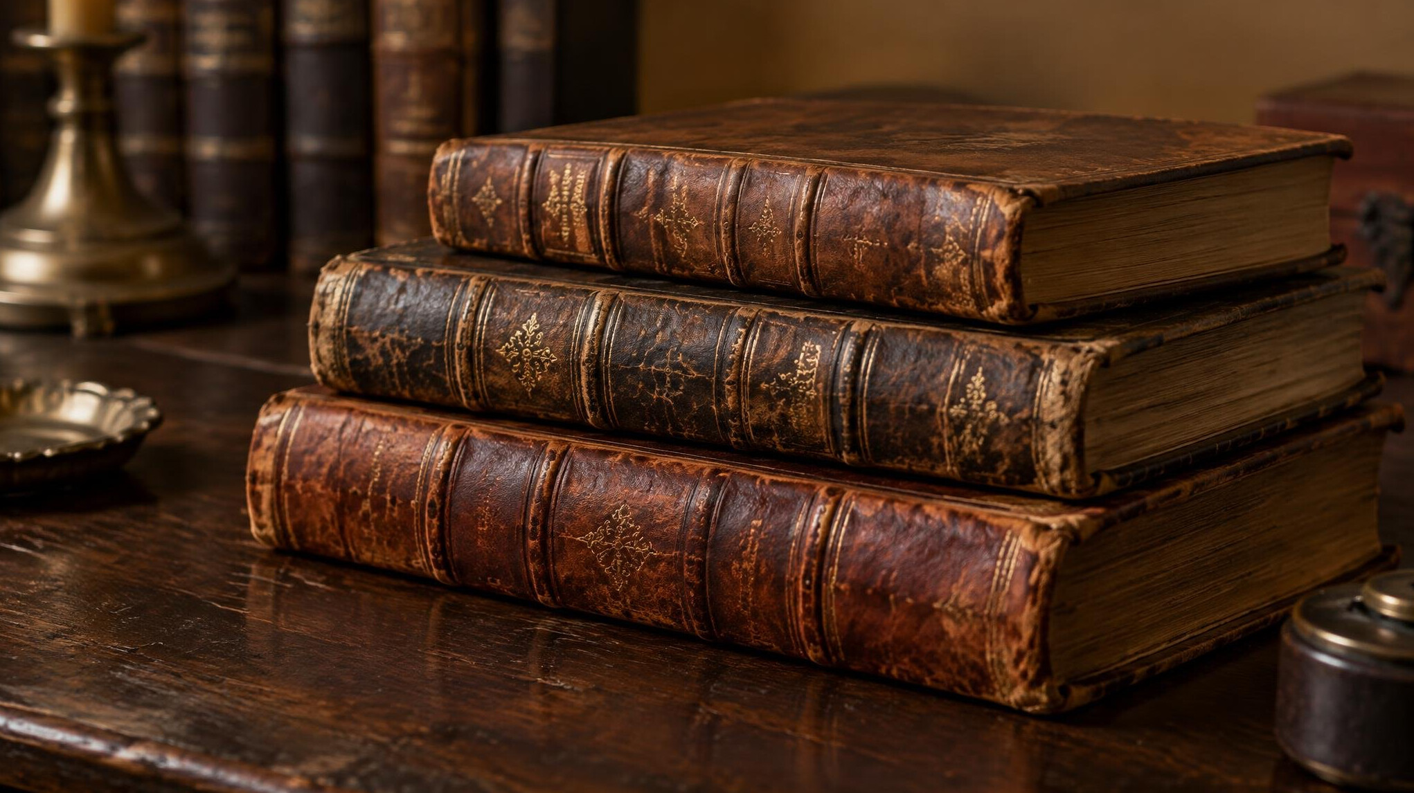 Stack of old leather-bound books on a wooden table