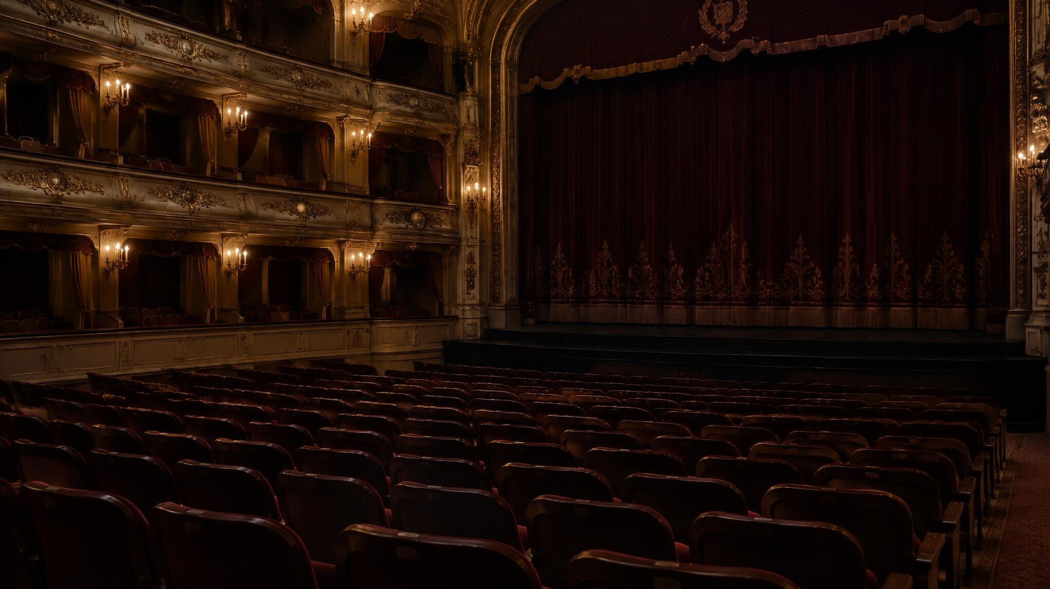 Empty historic theater with rows of red seats and soft light