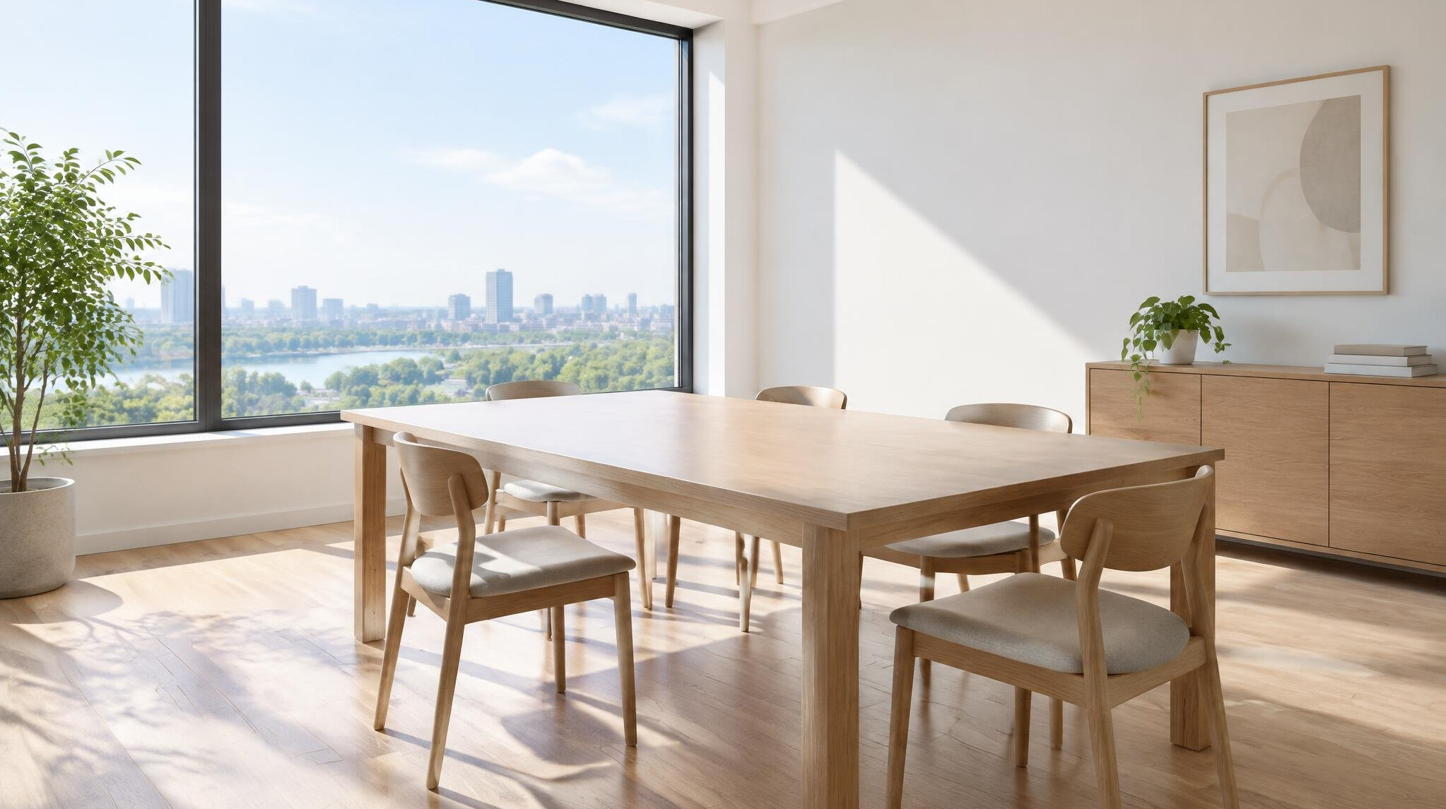 Bright minimalist office room with a large window